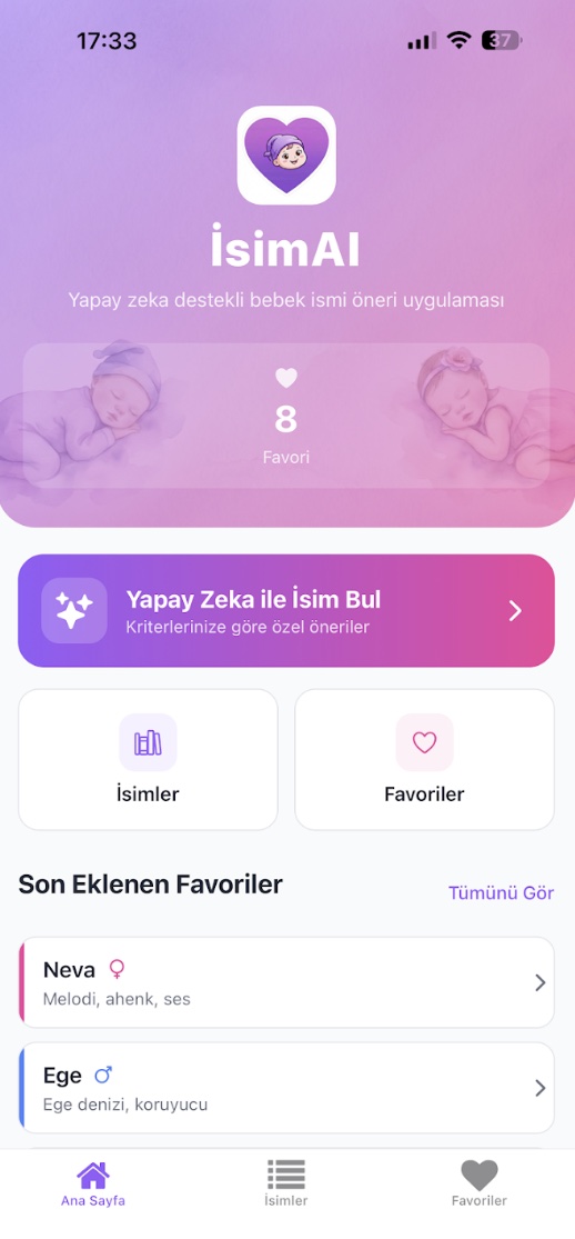 IsimAI app screenshot — AI-powered baby name suggestions